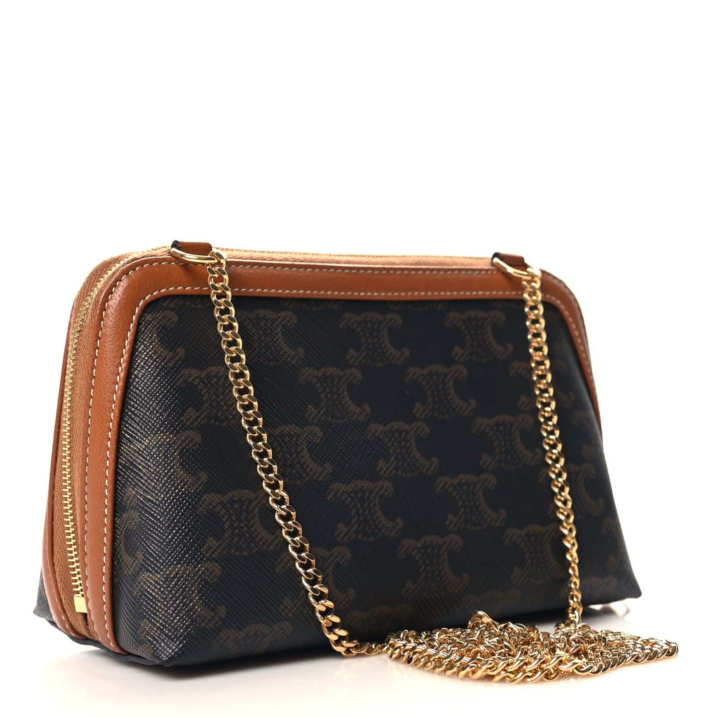 Triomphe Canvas Calfskin Mini Clutch on Chain Tan