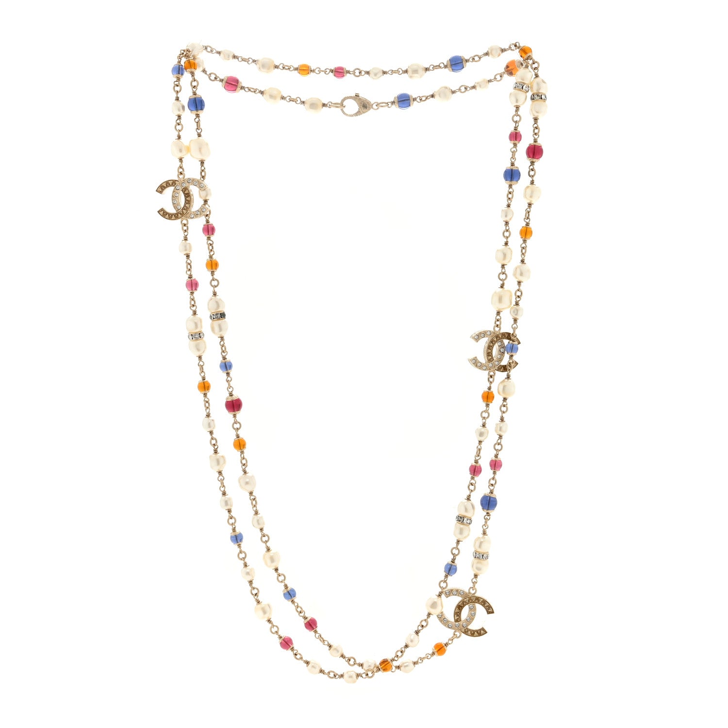 Chanel Pearl Crystal Resin CC Beaded Long Necklace Gold Pearly Gold Multicolor 3 of 4