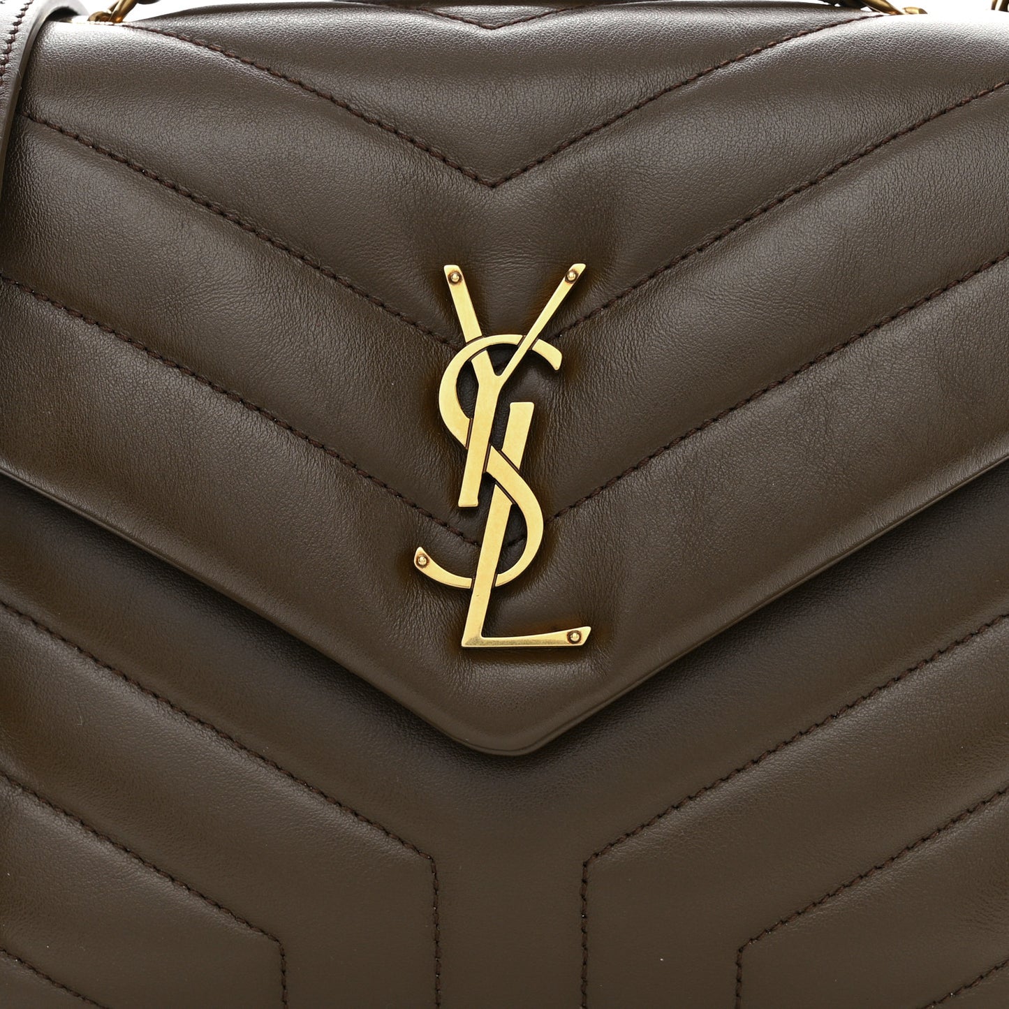 SAINT LAURENT Calfskin Y Quilted Monogram Small Loulou Chain Satchel Soil Brown