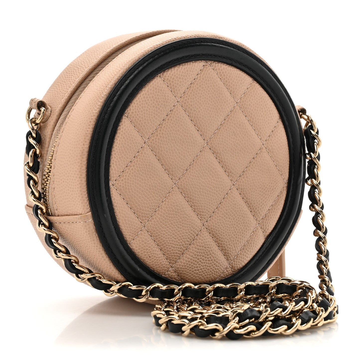 Caviar Quilted Round Filigree Crossbody Beige Black