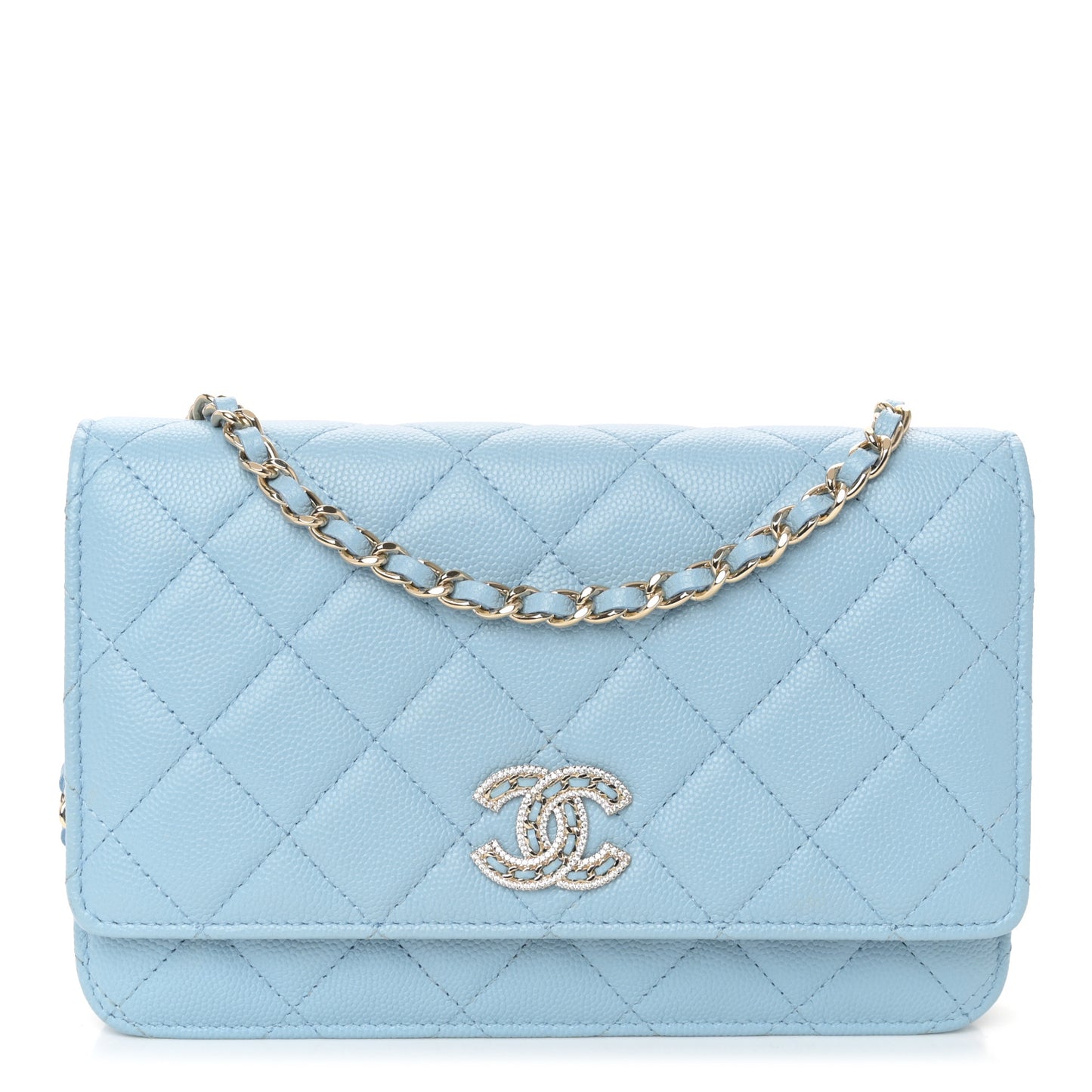 Caviar Quilted Crystal CC Wallet On Chain WOC Light Blue