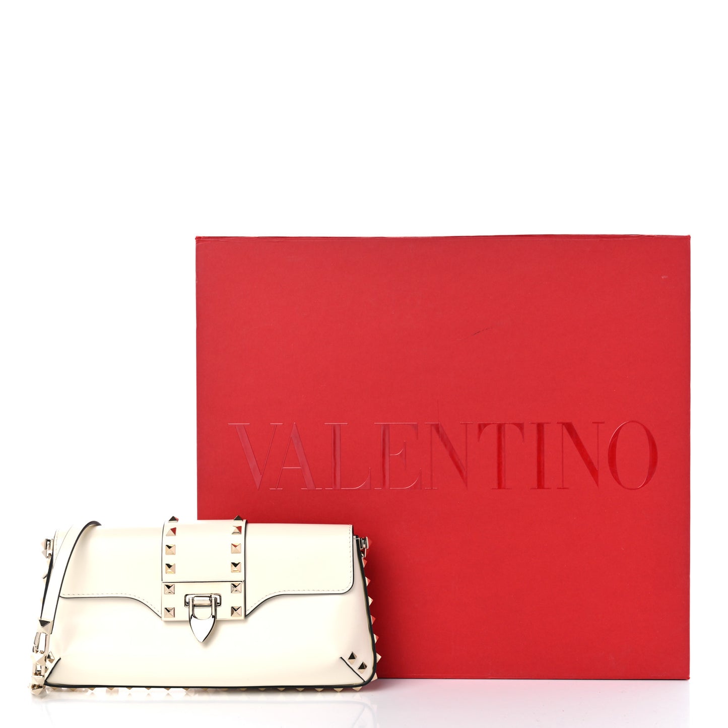 Brushed Calfskin Rockstud Flip Lock Chain Shoulder Bag White