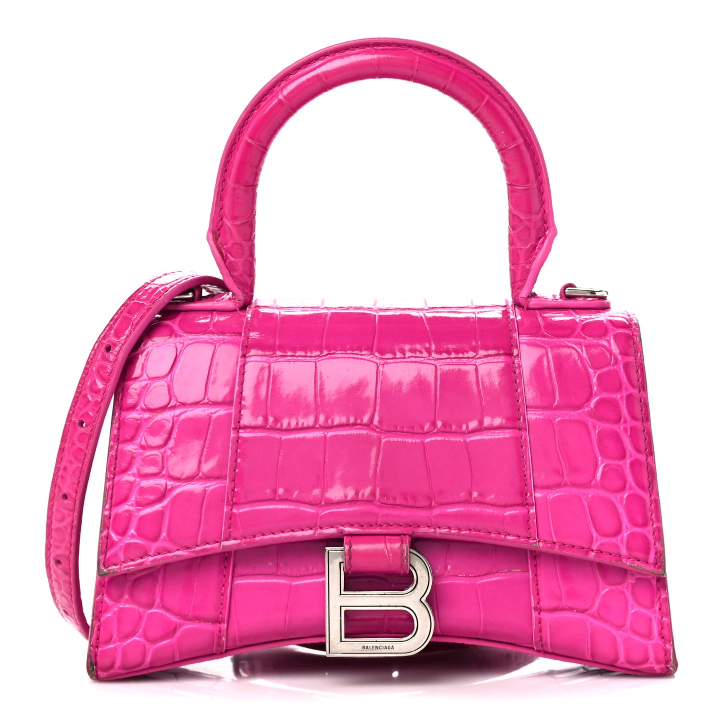 Shiny Calfskin Crocodile Embossed Hourglass Top Handle Bag XS Lipstick Pink