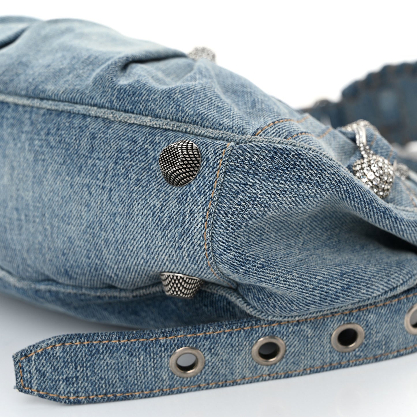 Washed Frayed Denim Crystal Small Le Cagole Shoulder Bag Blue