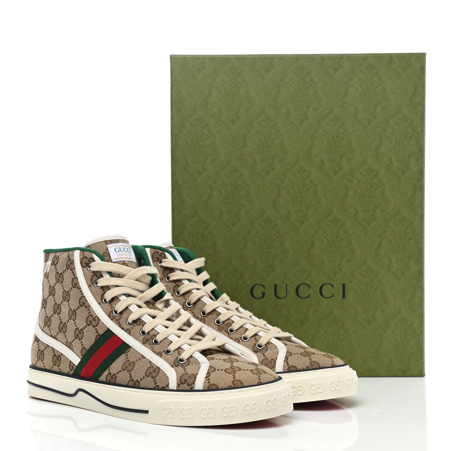 Gucci GG Monogram Web Mens 1977 Tennis High Top Sneakers 11 Beige Ebony Mystic White 9 of 9