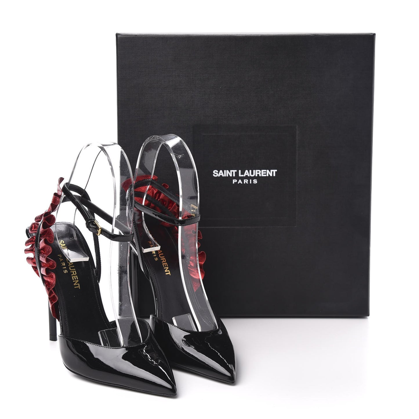 Patent Calfskin Ayers Edie 110 Leaf Slingback Pumps 36 Black Red