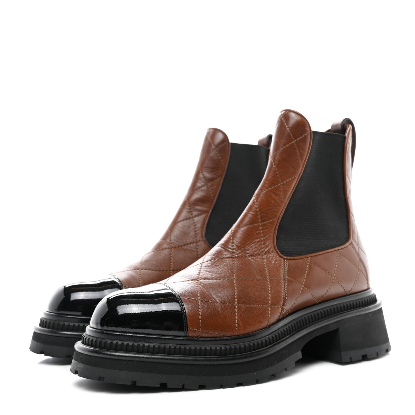 Calfskin Patent Cap Toe Quilted Short Boots 39 Brown Black