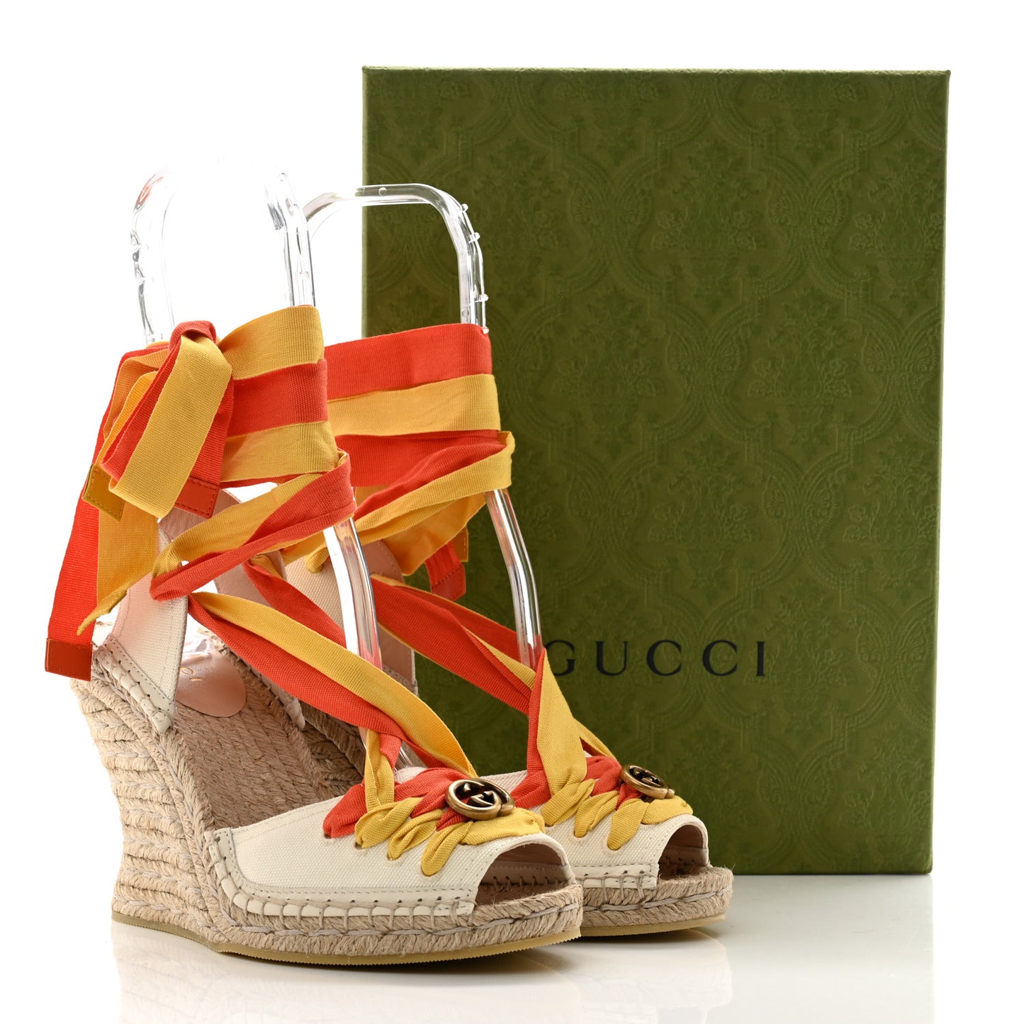 Canvas Ankle Wrap Interlocking G Platform 35/120mm Espadrille Wedges 36.5 Orange Yellow