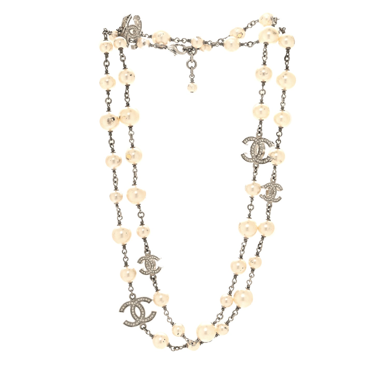 Graduated Pearl Crystal CC Long Necklace Silver