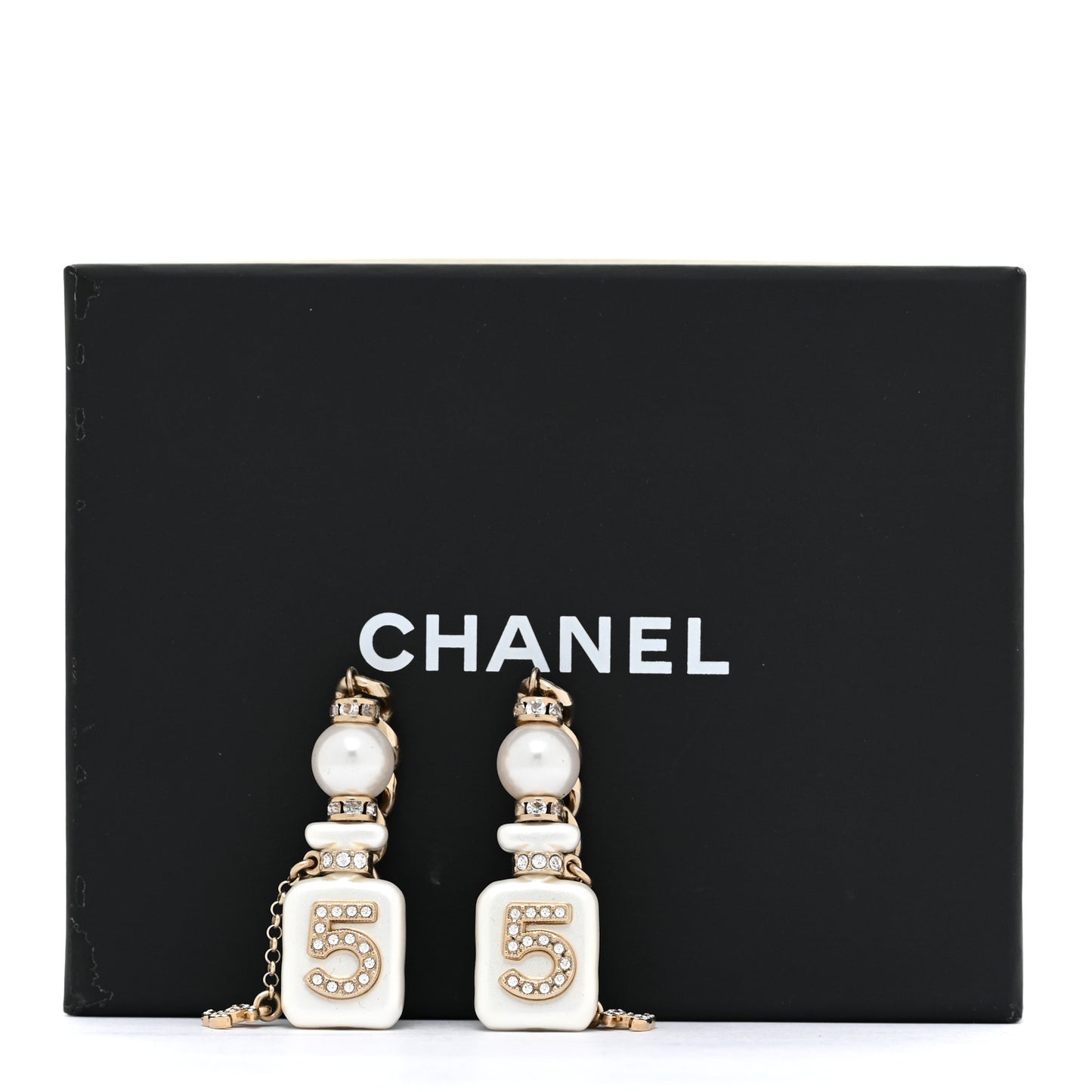 Pearl Resin Crystal CC No 5 Perfume Bottle Chain Drop Earrings Gold Pearly White