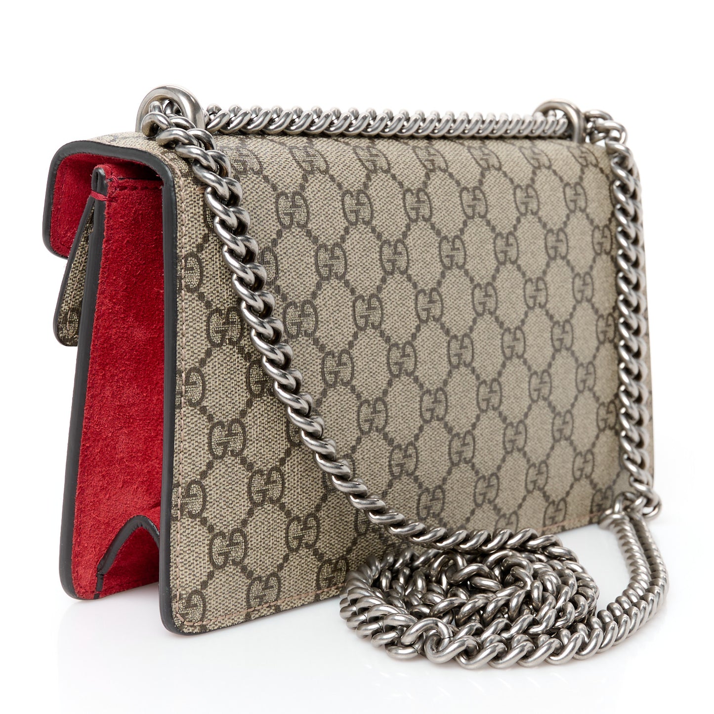 GG Supreme Monogram Suede Crystal Small Dionysus Shoulder Bag Beige Ebony Vulcanic Red