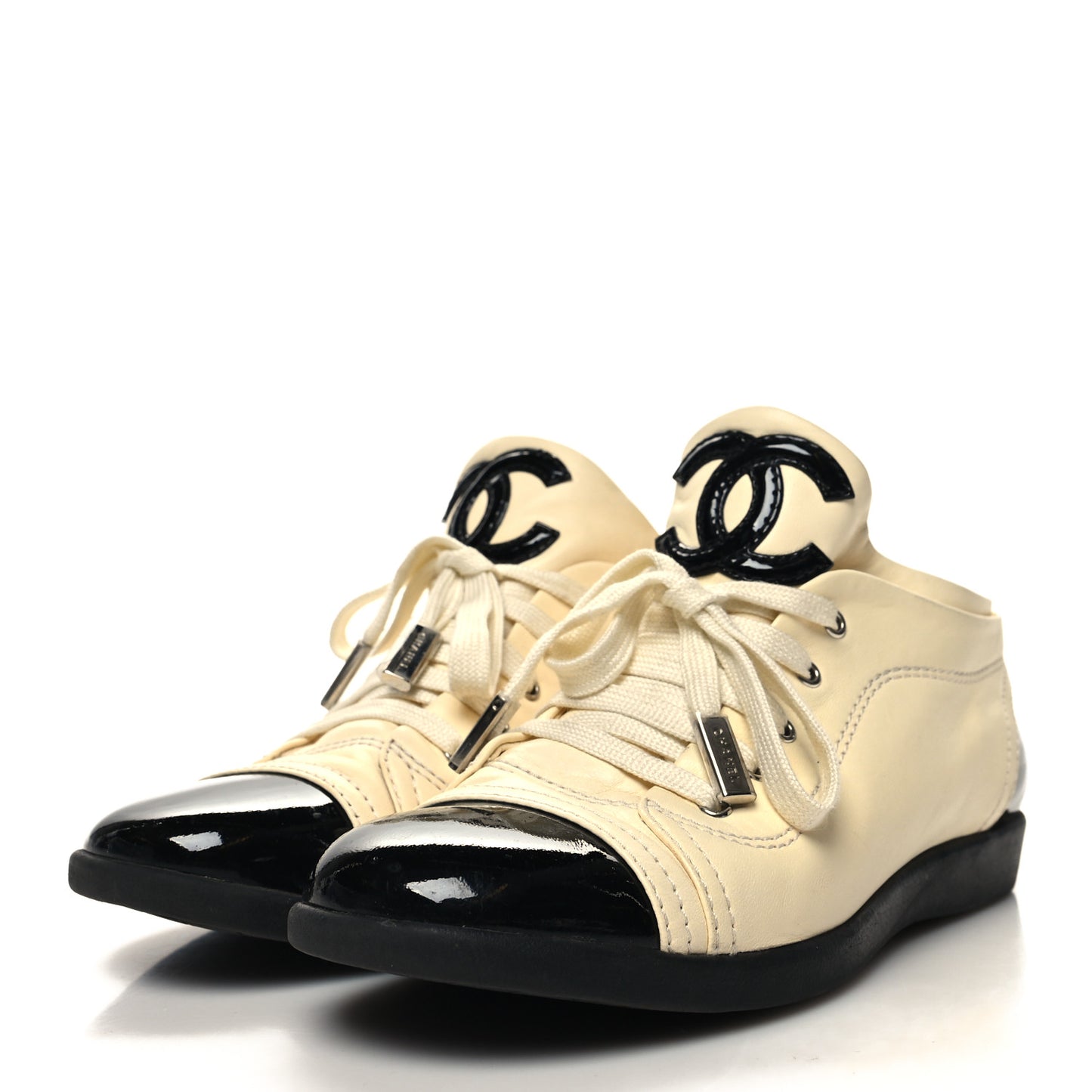 Lambskin Patent Calfskin CC Sneakers 36.5 White Black