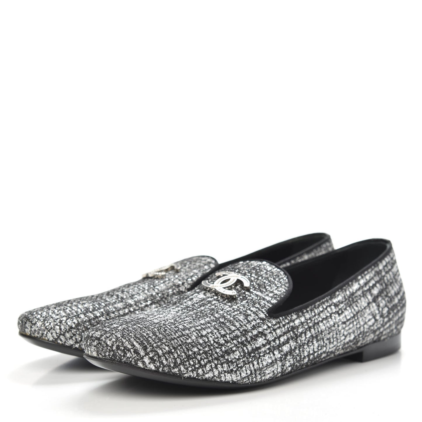 Fantasy Fabric Grosgrain CC Mocassin Loafers 39 Silver Black