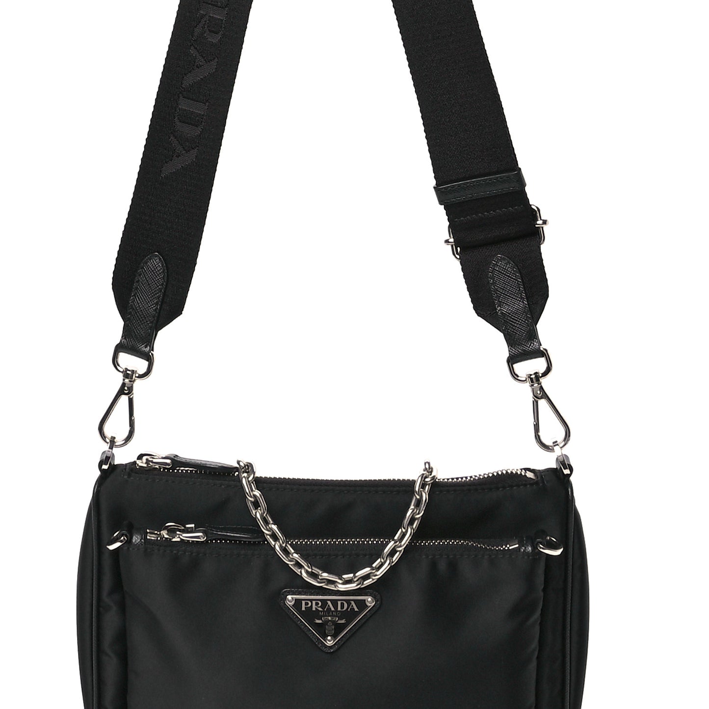 Re-Nylon Saffiano Double Pouch Shoulder Bag Black
