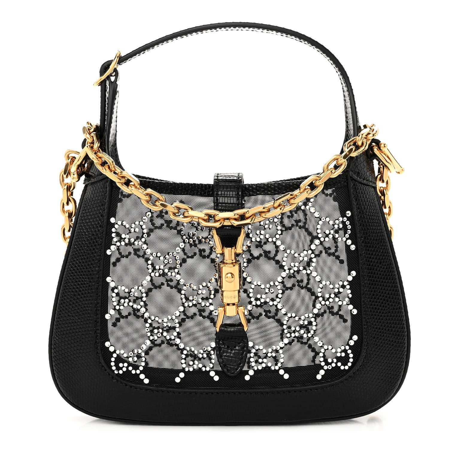 Gucci Lizard Mesh Crystal GG Monogram Mini Jackie 1961 Hobo Black