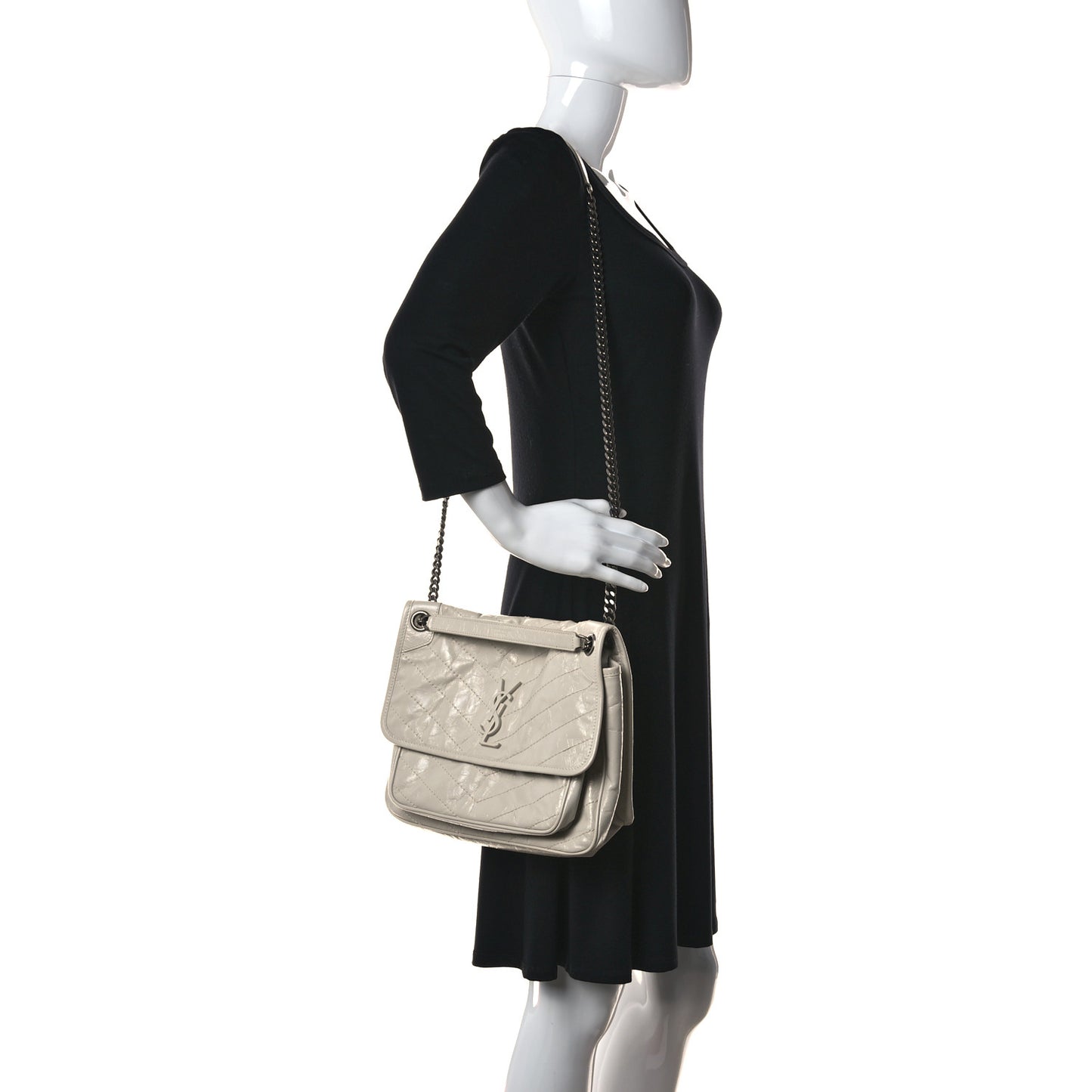 Crinkled Calfskin Matelasse Monogram Medium Niki Chain Satchel Ivory