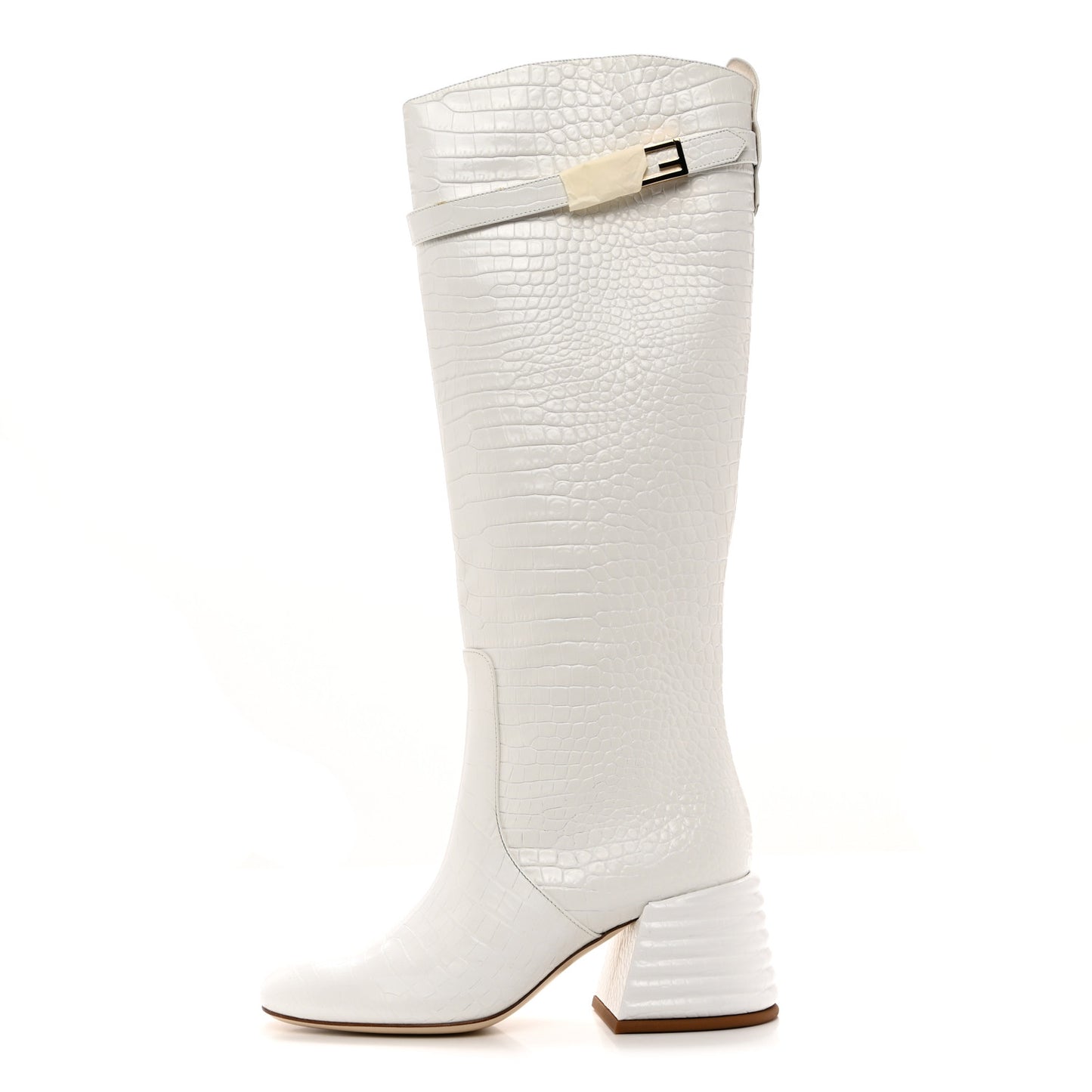 Calfskin Crocodile Embossed Knee High Block Heel Boots 35.5 White