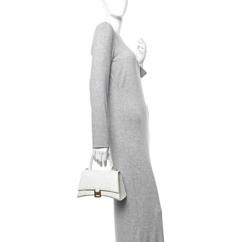 Calfskin Crocodile Embossed Small Hourglass Top Handle Bag White