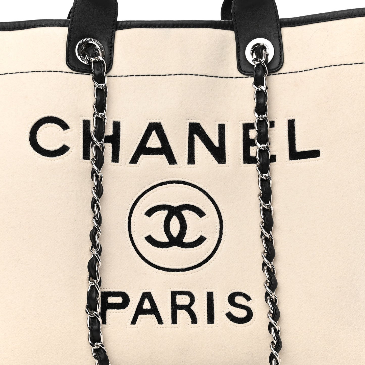 Wool Felt Calfskin Large Deauville Tote White Black