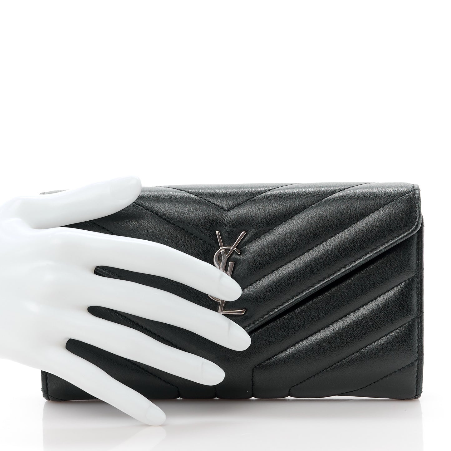 SAINT LAURENT Lambskin Y Quilted Monogram Large Loulou Flap Wallet Black