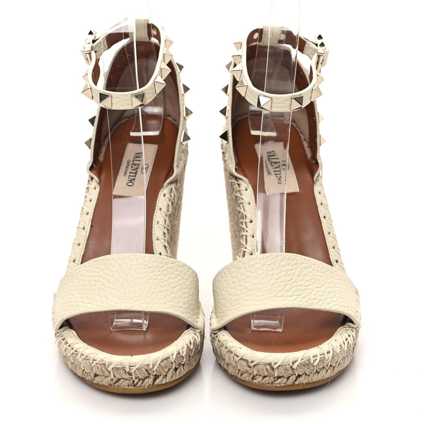 Grained Calfskin Rockstud Ankle Strap Espadrille Wedge Sandals 35 Light Ivory