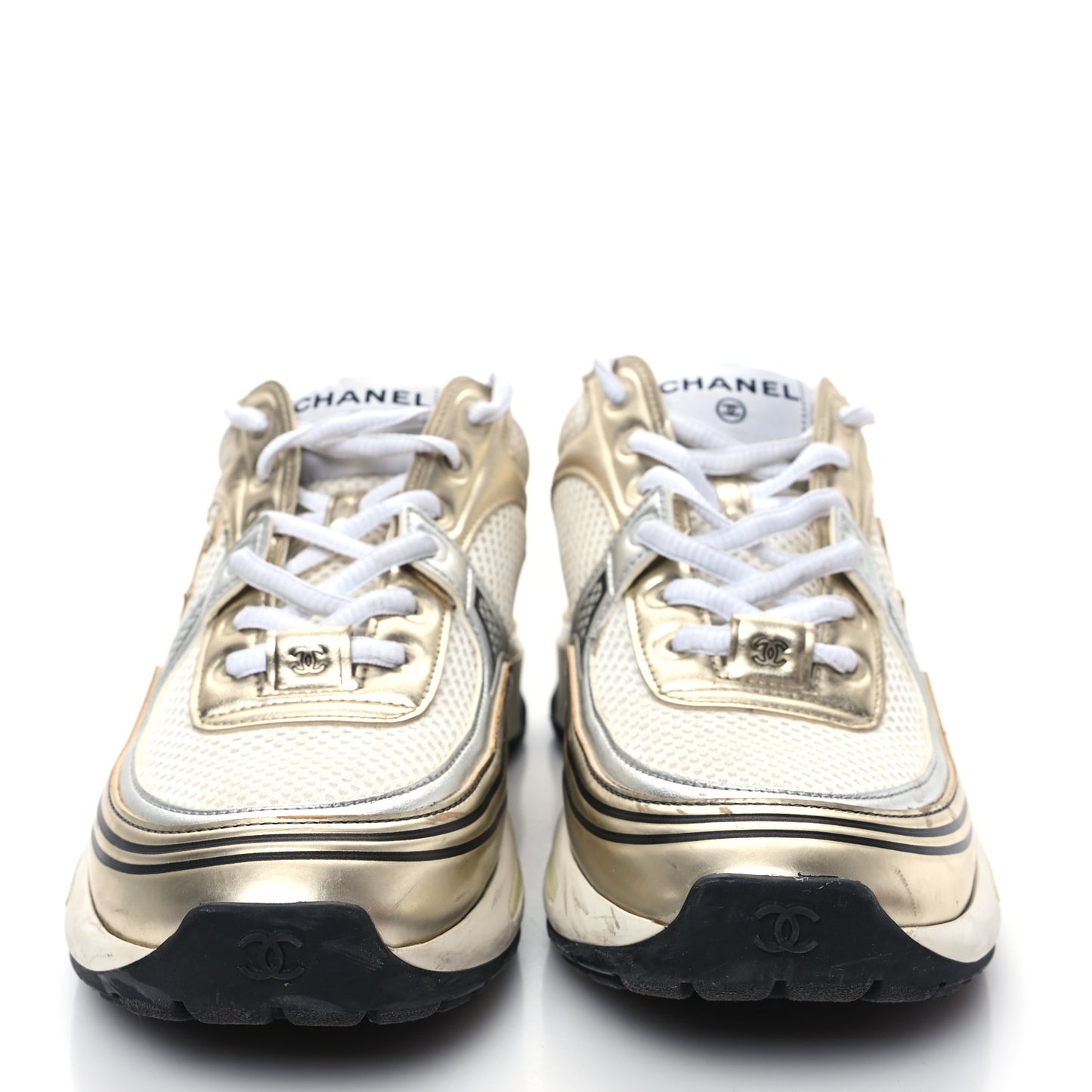 Fabric Laminated Calfskin Stretch CC Sneakers 38 White Gold Silver