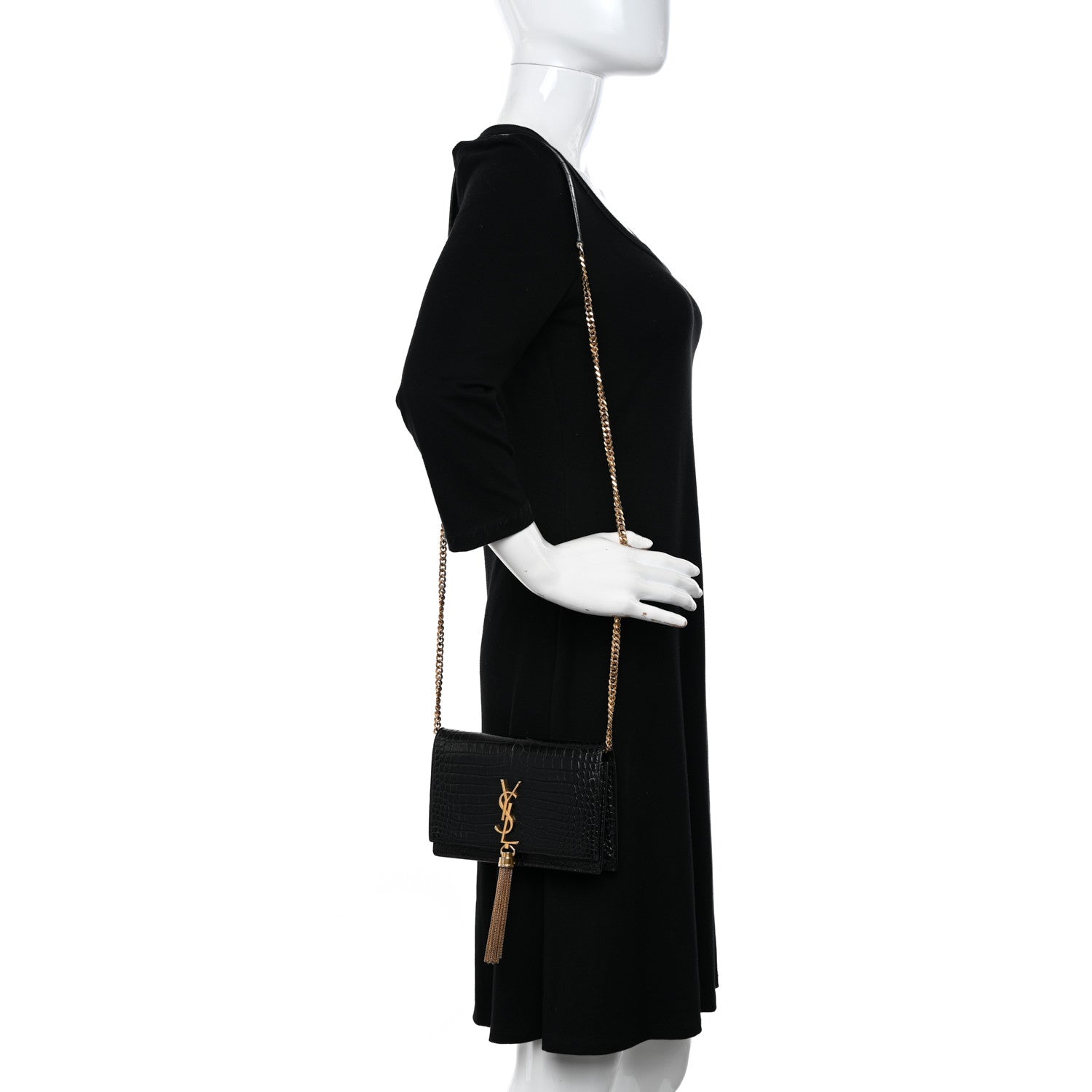 Saint Laurent Calfskin Crocodile Embossed Kate Monogram Tassel Chain Wallet Black 2 of 13