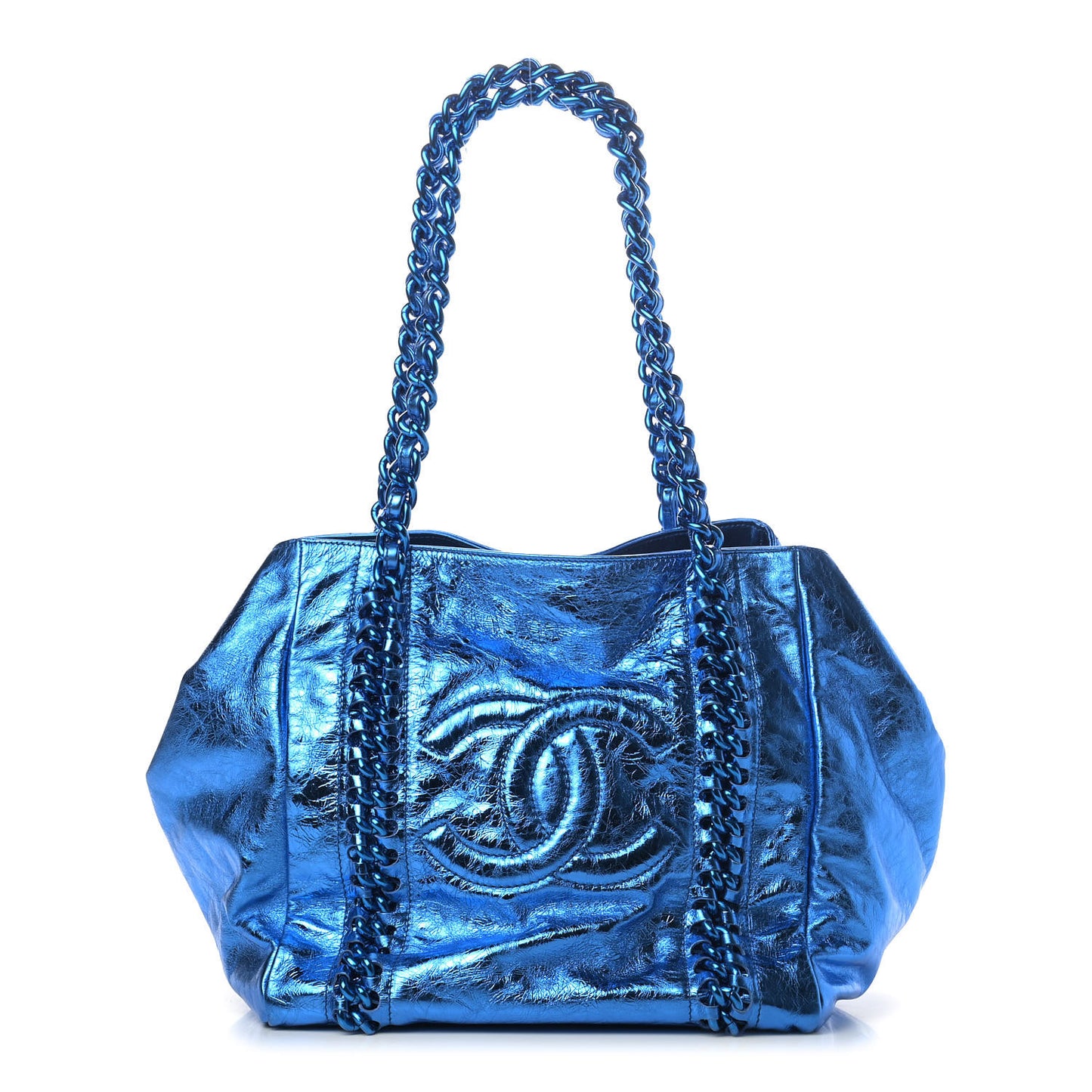 Metallic Cracked Calfskin Modern Chain Tote Blue
