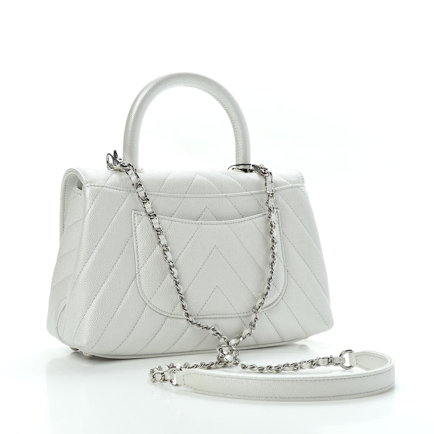 Iridescent Caviar Chevron Quilted Mini Coco Handle Flap White