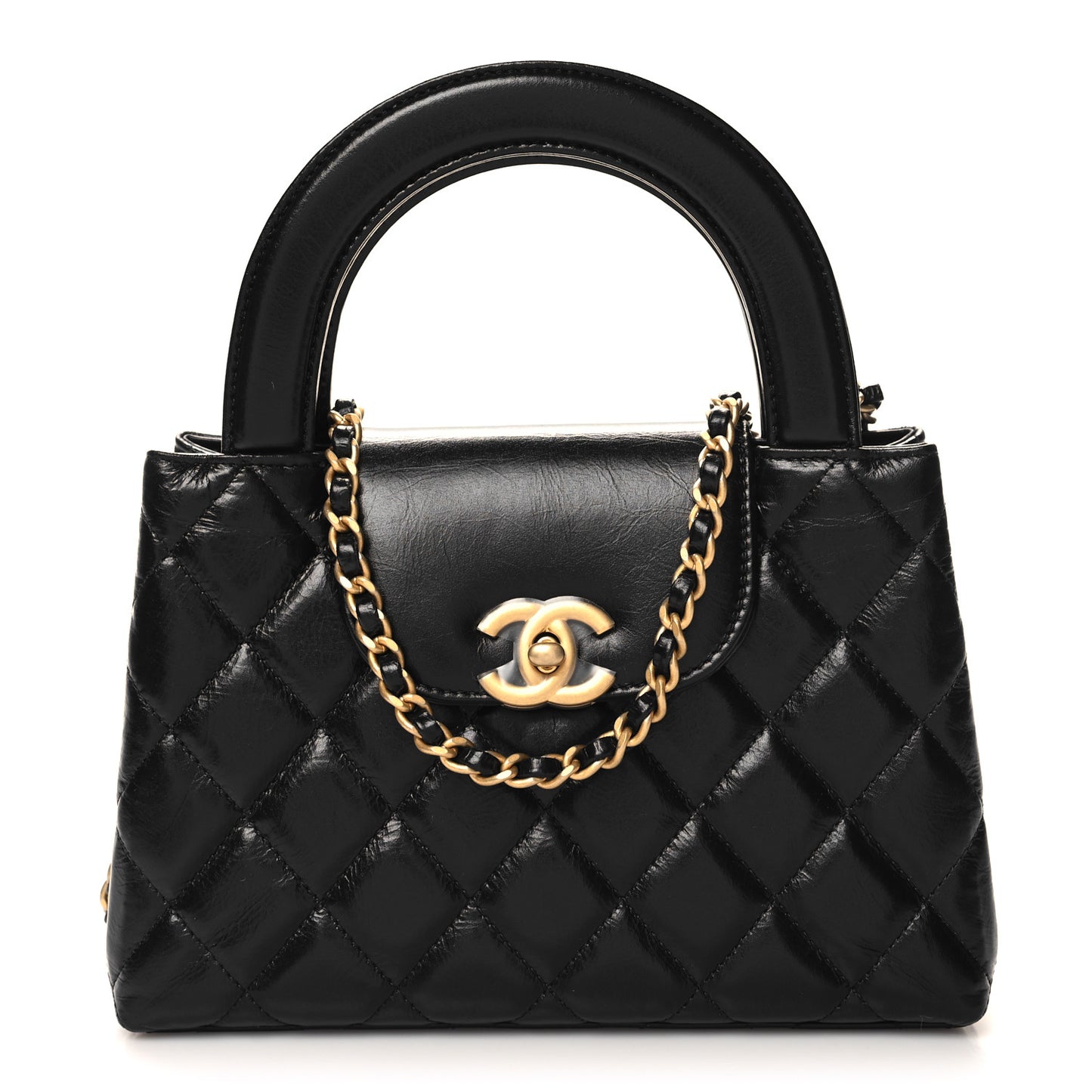 Shiny Aged Calfskin Quilted Nano Kelly Shopper Black
