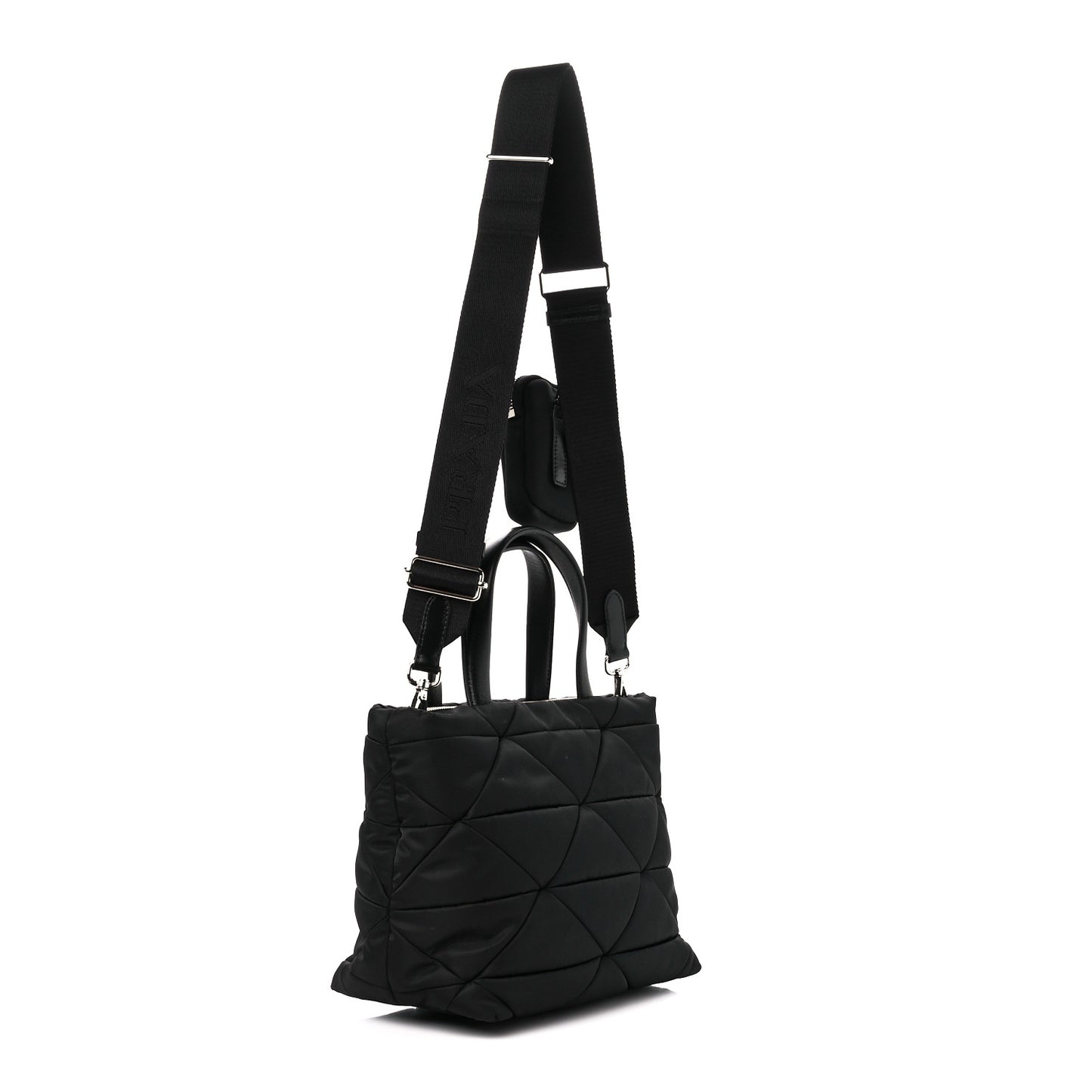 Re-Nylon Nappa Triangle Quilted Padded Double Handled Zip Pocket Tote Black