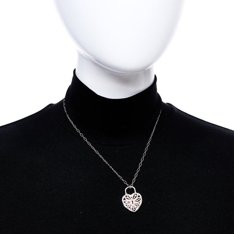 Sterling Silver Large Filigree Heart Lock Key Pendant Necklace