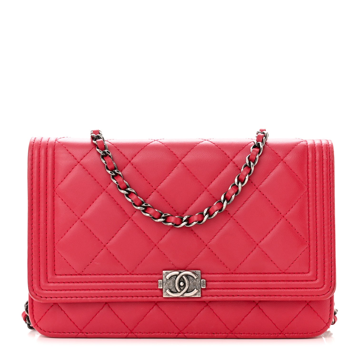 Chanel Lambskin Quilted Boy Wallet On Chain WOC Red 1 of 12