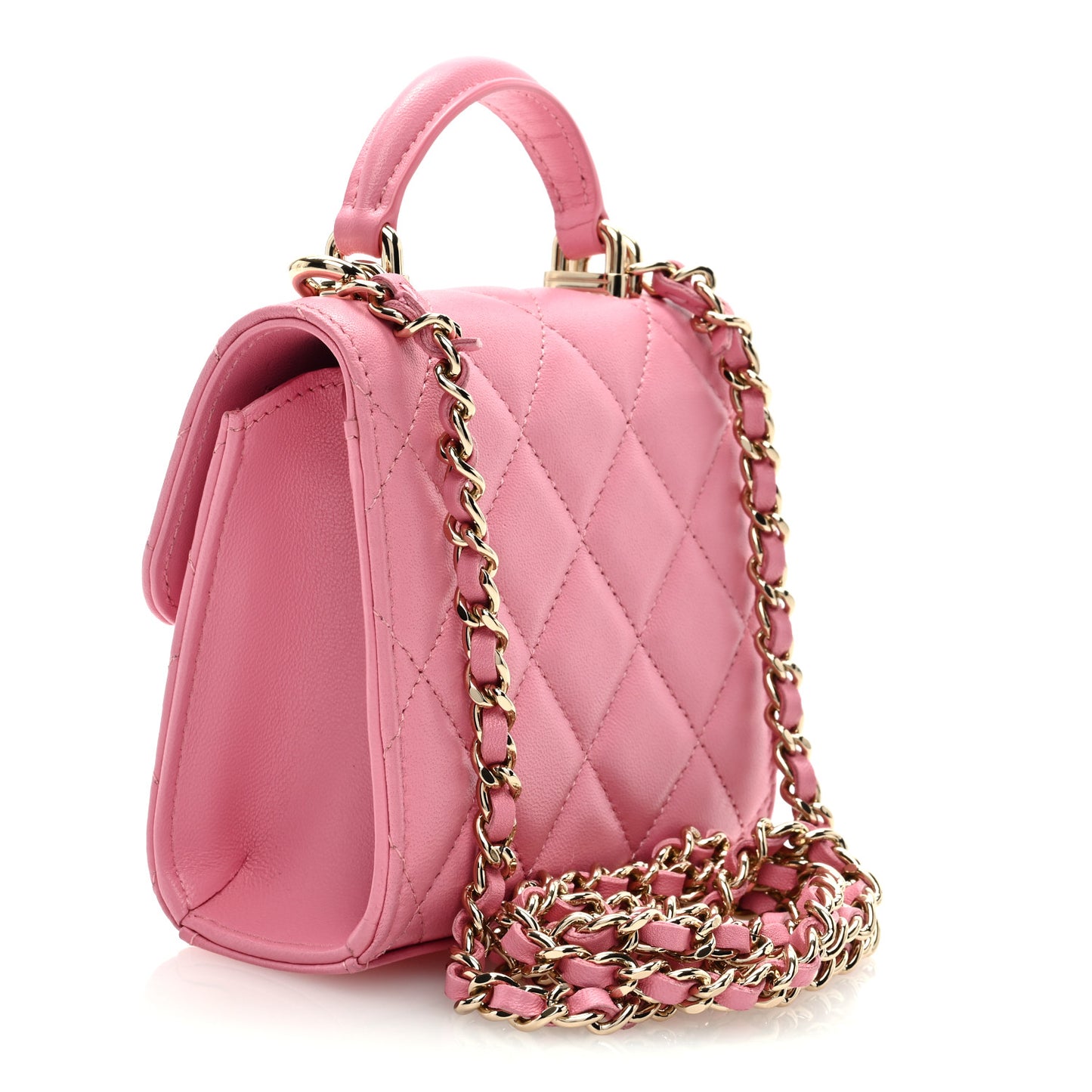 Lambskin Quilted Top Handle Clutch With Chain Pink