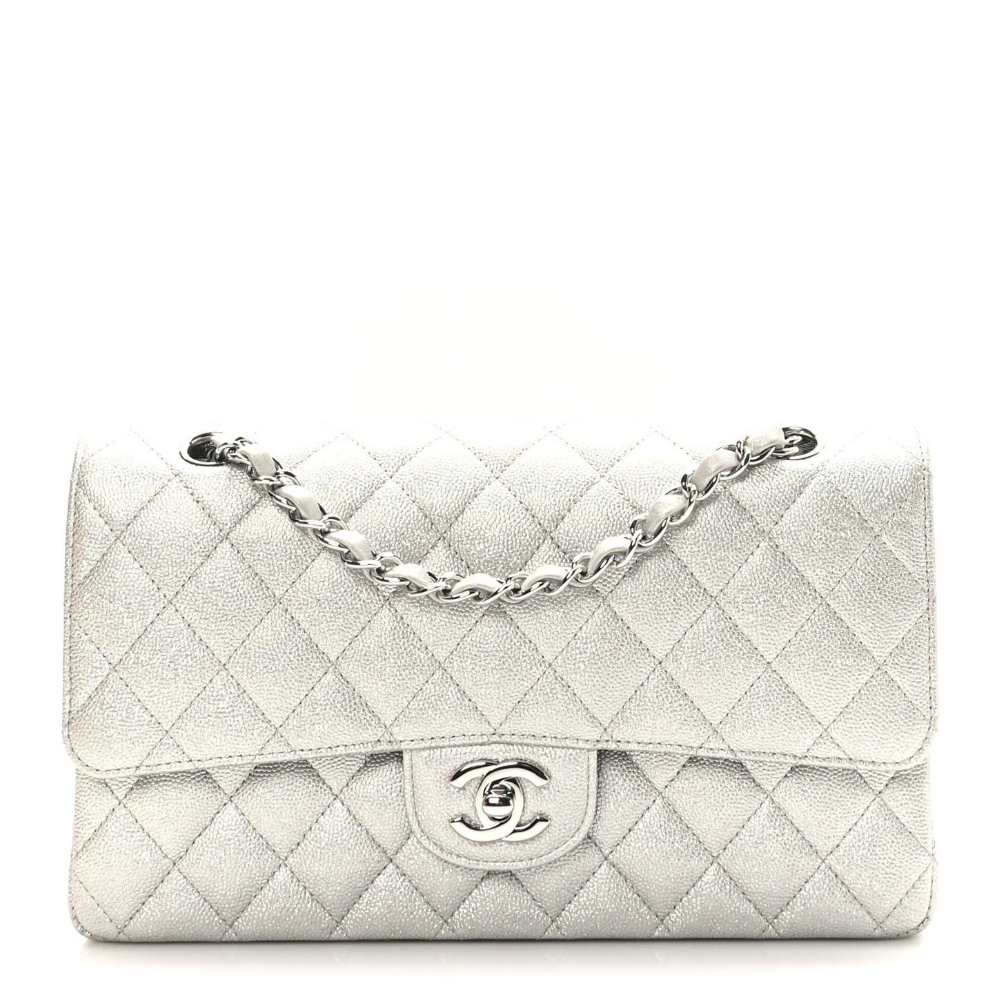 Glittered Metallic Caviar Quilted Medium Double Flap Silver