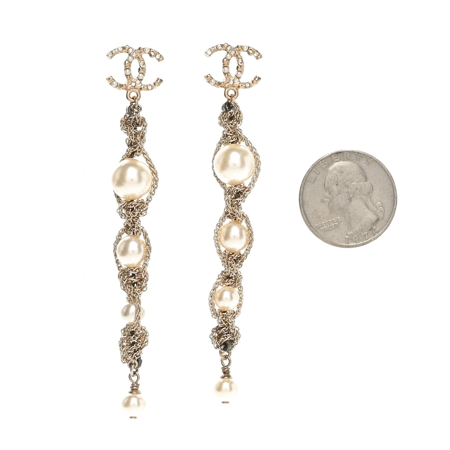 Chanel Pearl Crystal CC Chain Drop Earrings Gold 2 of 3