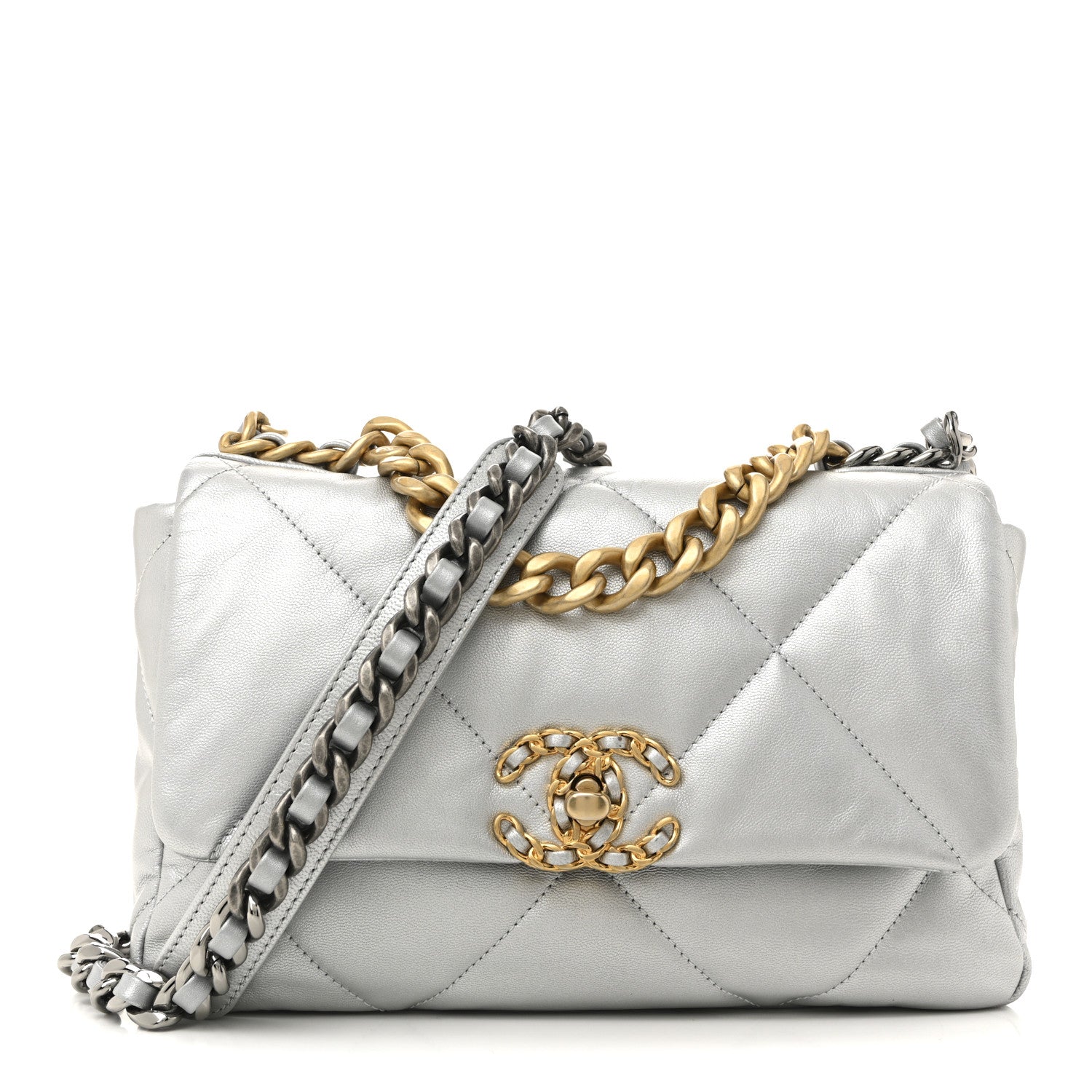 Chanel Metallic Goatskin Quilted Medium Chanel 19 Flap Silver