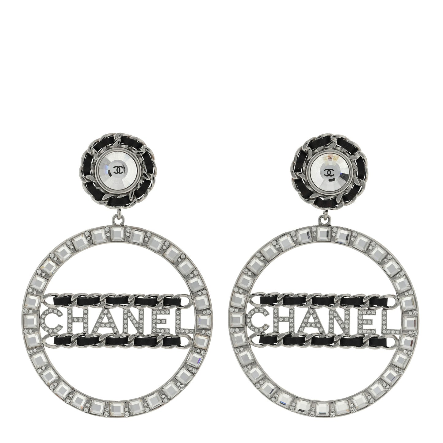Crystal Lambskin Chain CC Hoop Clip On Earrings Black Silver