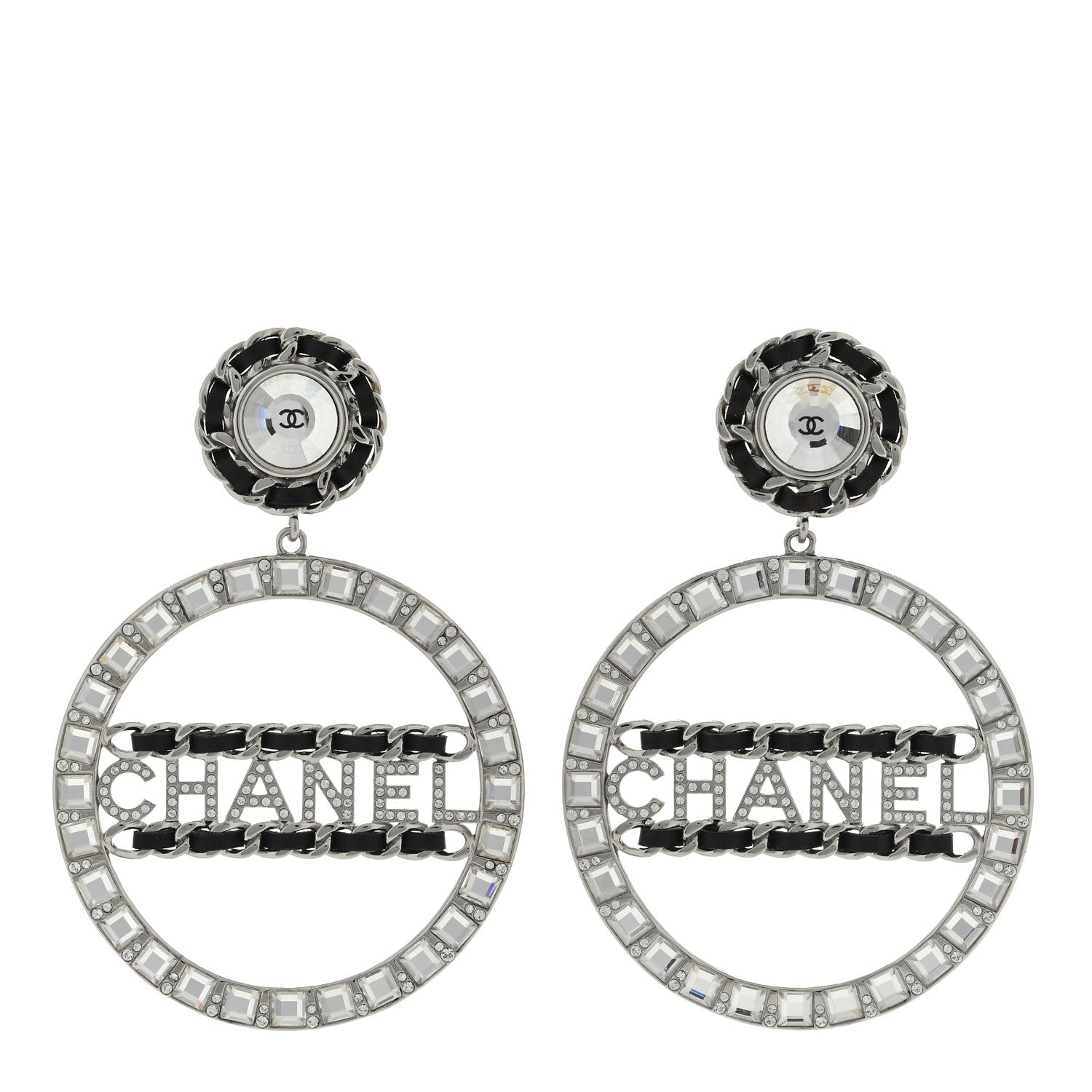 Chanel Crystal Lambskin Chain CC Hoop Clip On Earrings Black Silver 1 of 4
