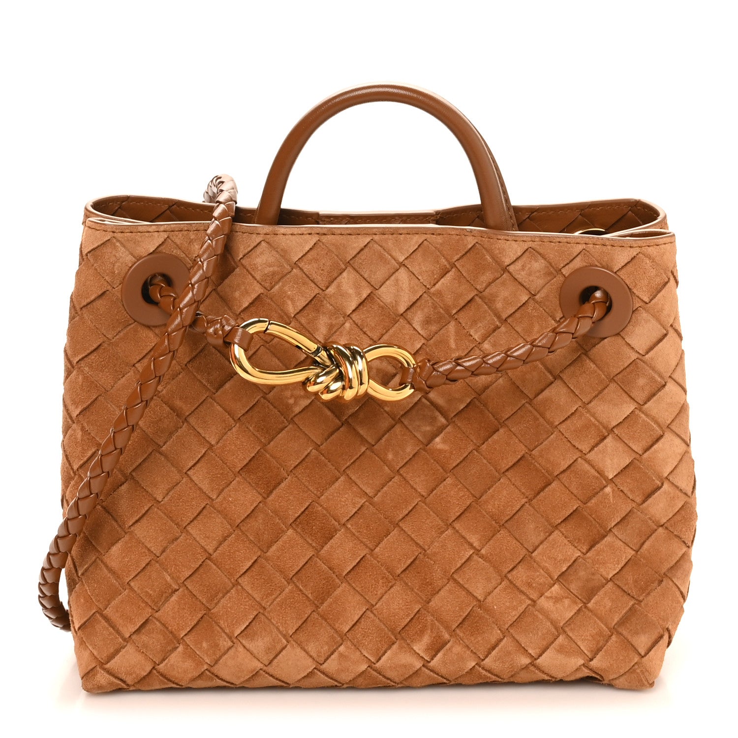 Bottega Veneta Suede Intrecciato Small Andiamo Shoulder Bag Amber