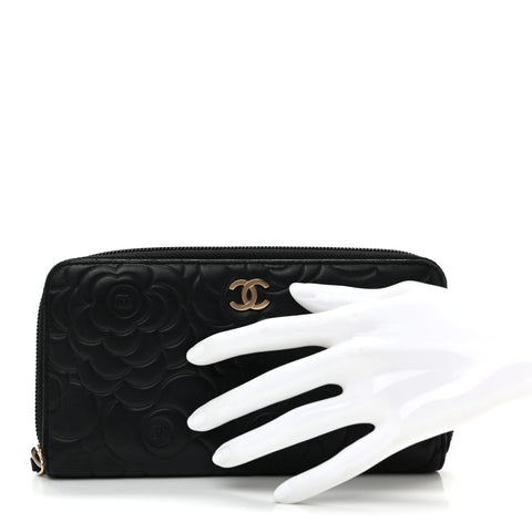 Lambskin Camellia Embossed Large Zip Around Gusset Wallet Black