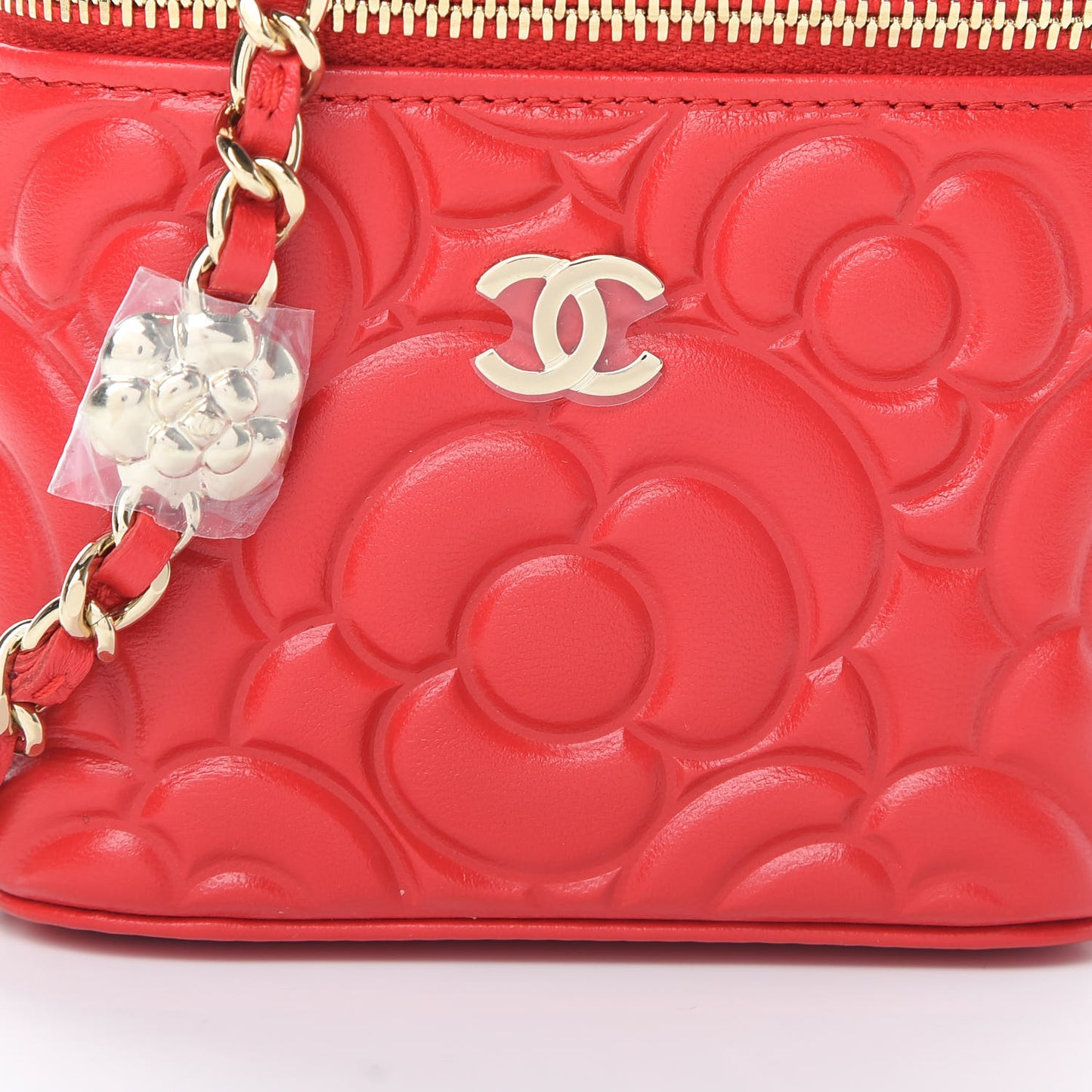 Lambskin Camellia Embossed Mini Vanity Case With Chain Red