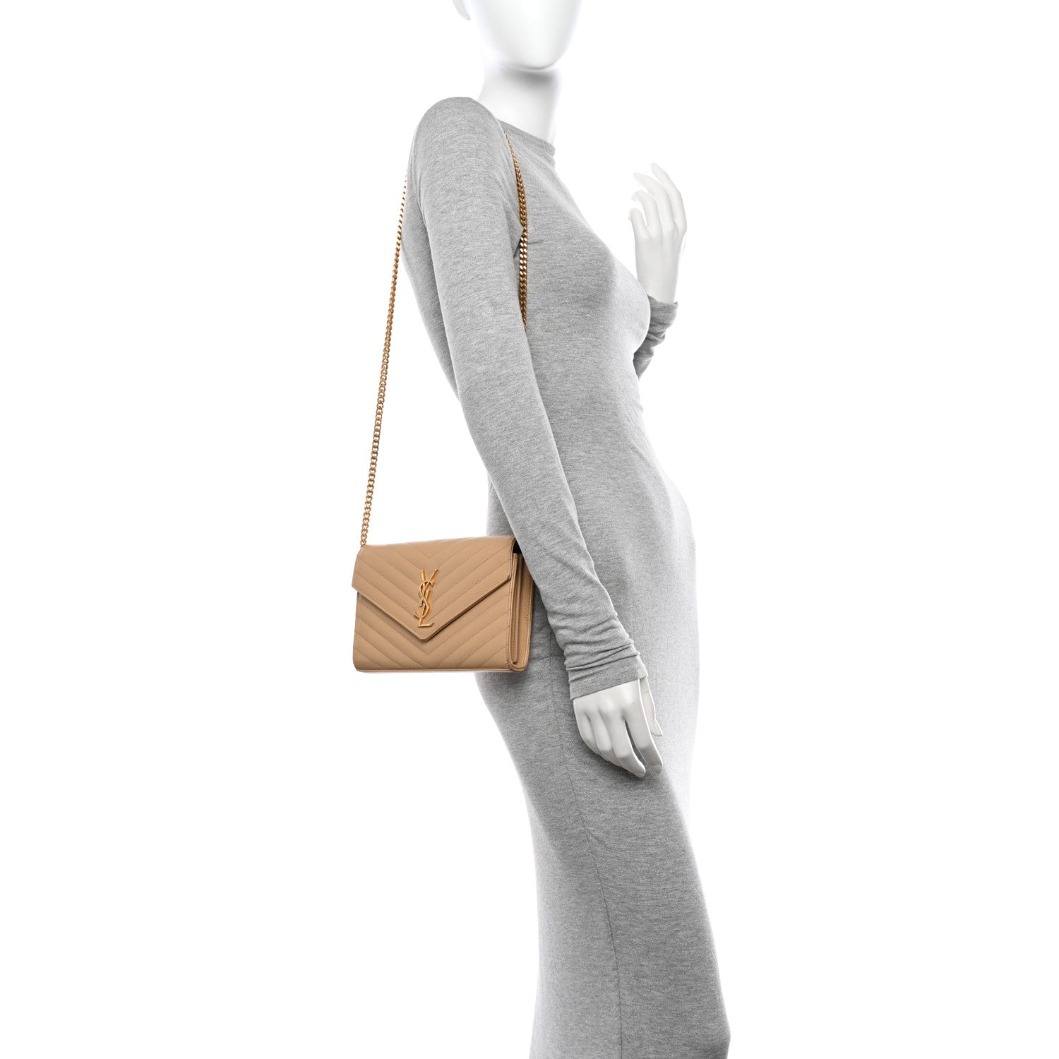Saint Laurent Grain De Poudre Matelasse Chevron Monogram Chain Wallet Dark Beige 3 of 19