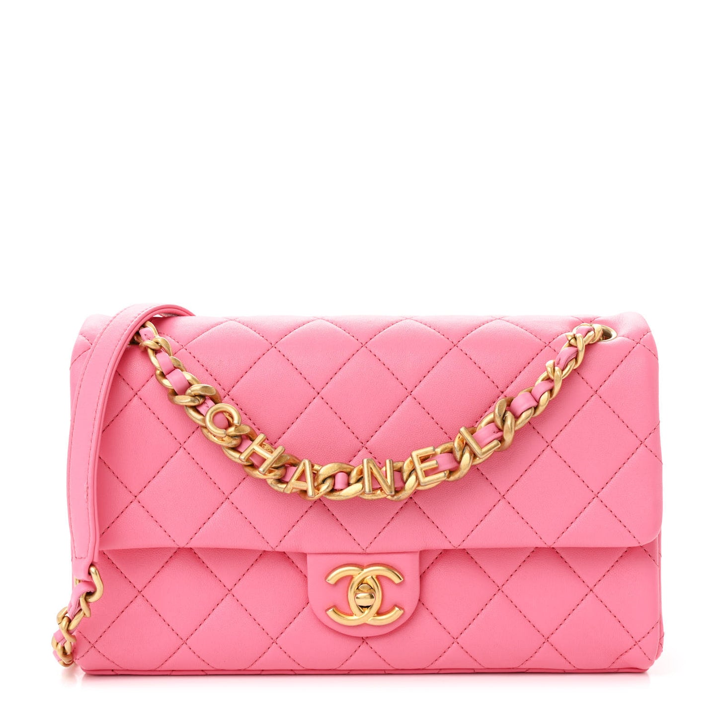 Lambskin Quilted Chaine Lettre Flap Pink