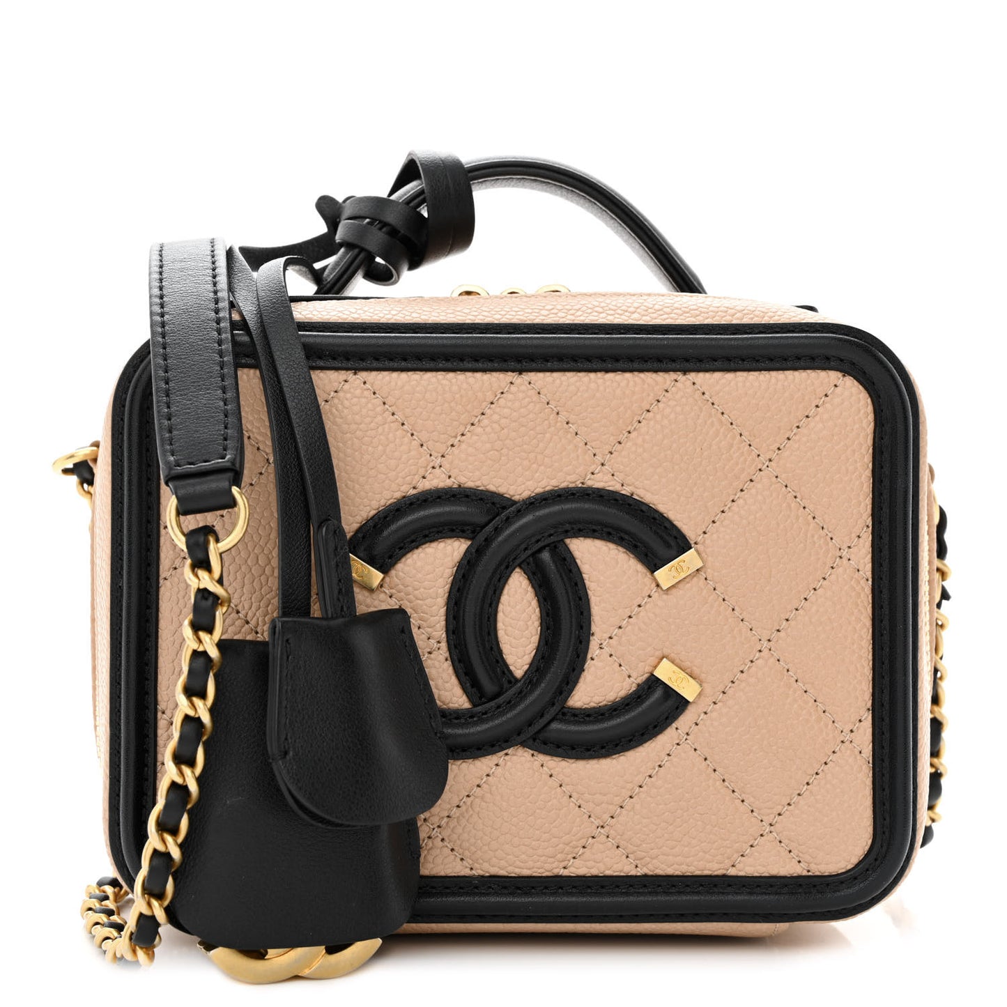 Caviar Quilted Small CC Filigree Vanity Case Beige Black