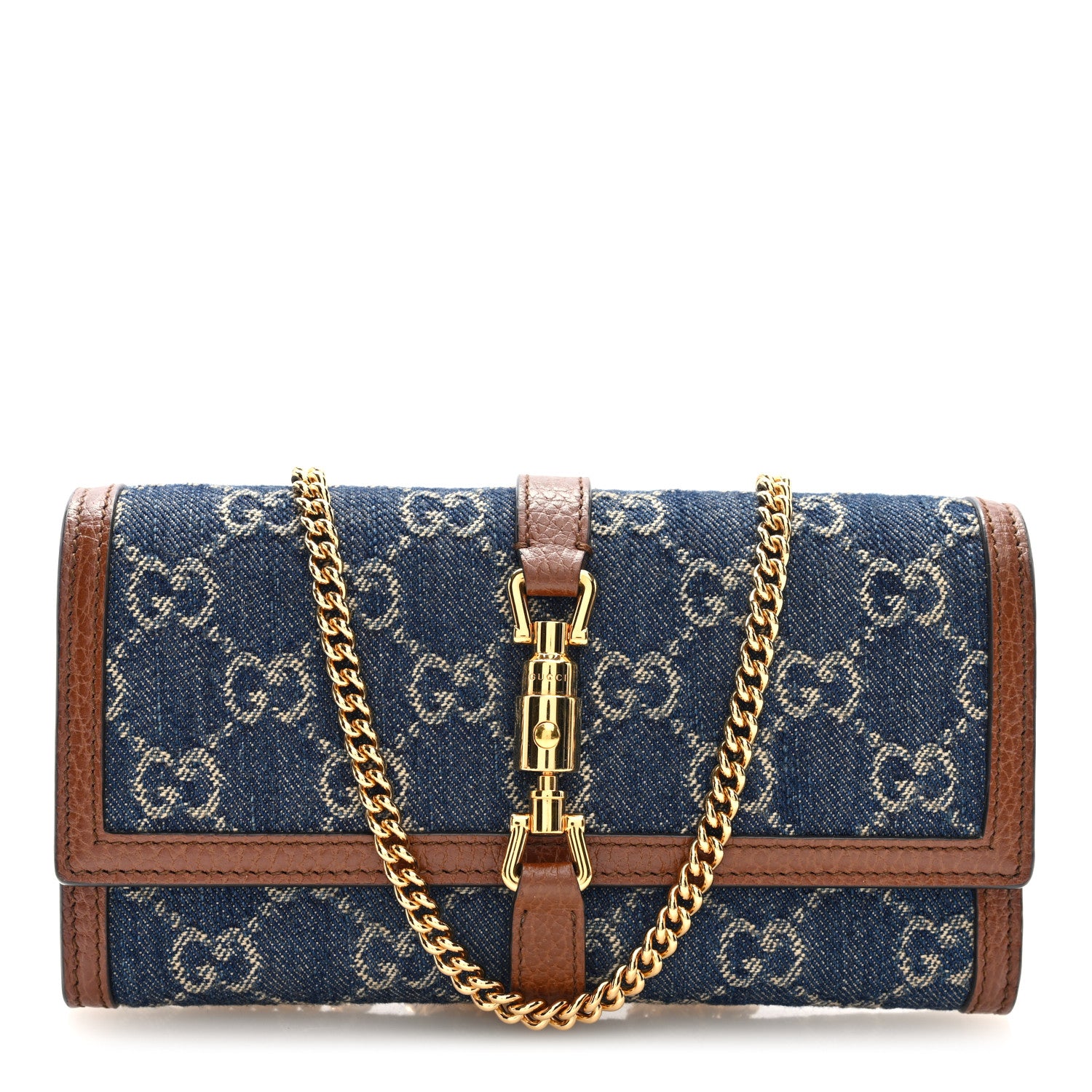 Gucci New Denim GG Monogram Jackie 1961 Chain Wallet Blue Tea Cuir
