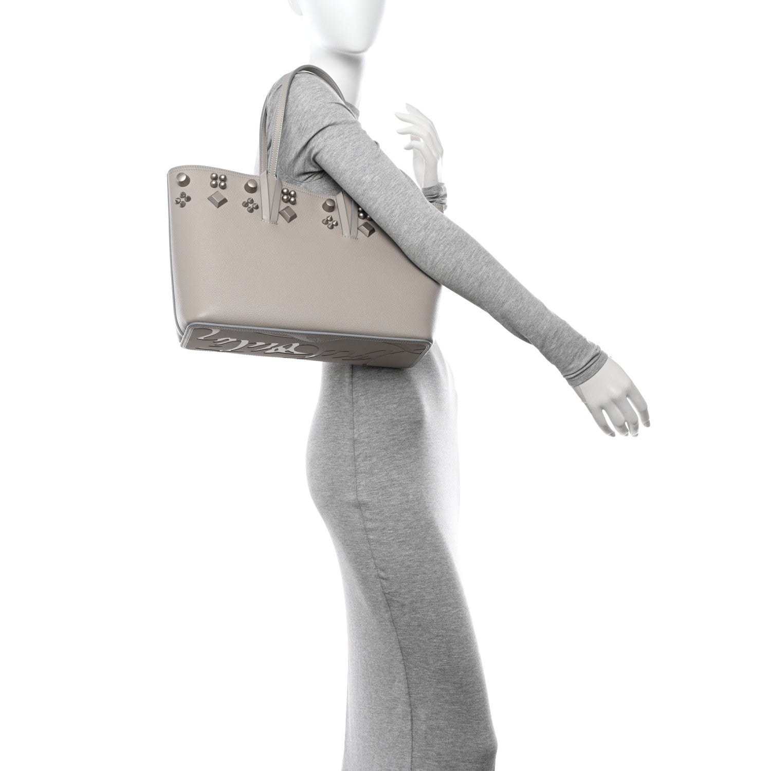 Christian Louboutin Calfskin Spikes Small East West Cabata Tote Light Grey 3 of 12