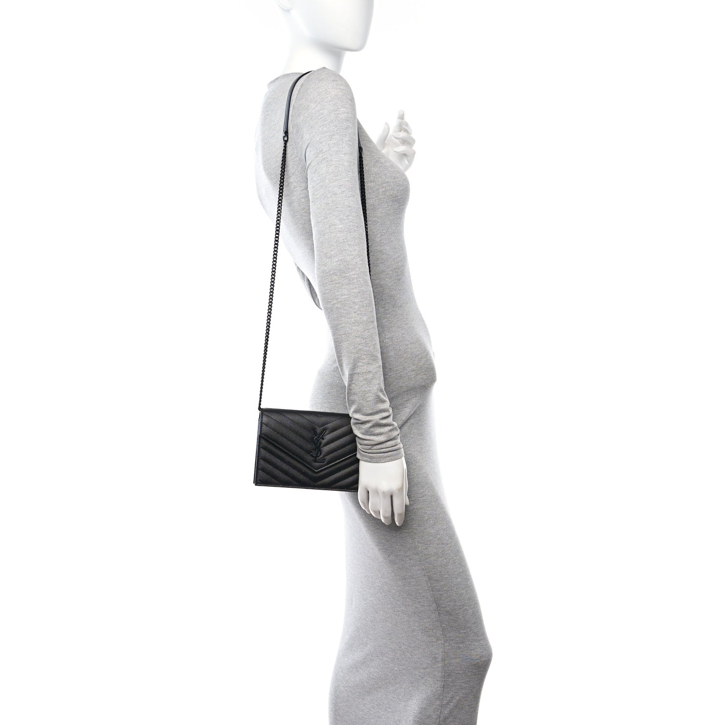 Grain De Poudre Matelasse Chevron Monogram Monochrome Envelope Chain Wallet Black