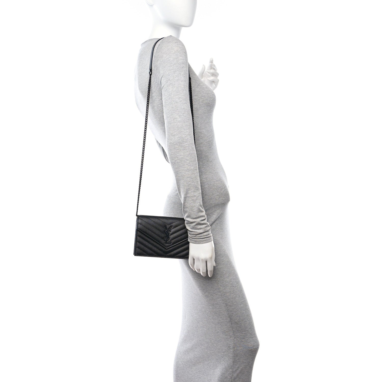 Saint Laurent Grain De Poudre Matelasse Chevron Monogram Monochrome Envelope Chain Wallet Black 2 of 9