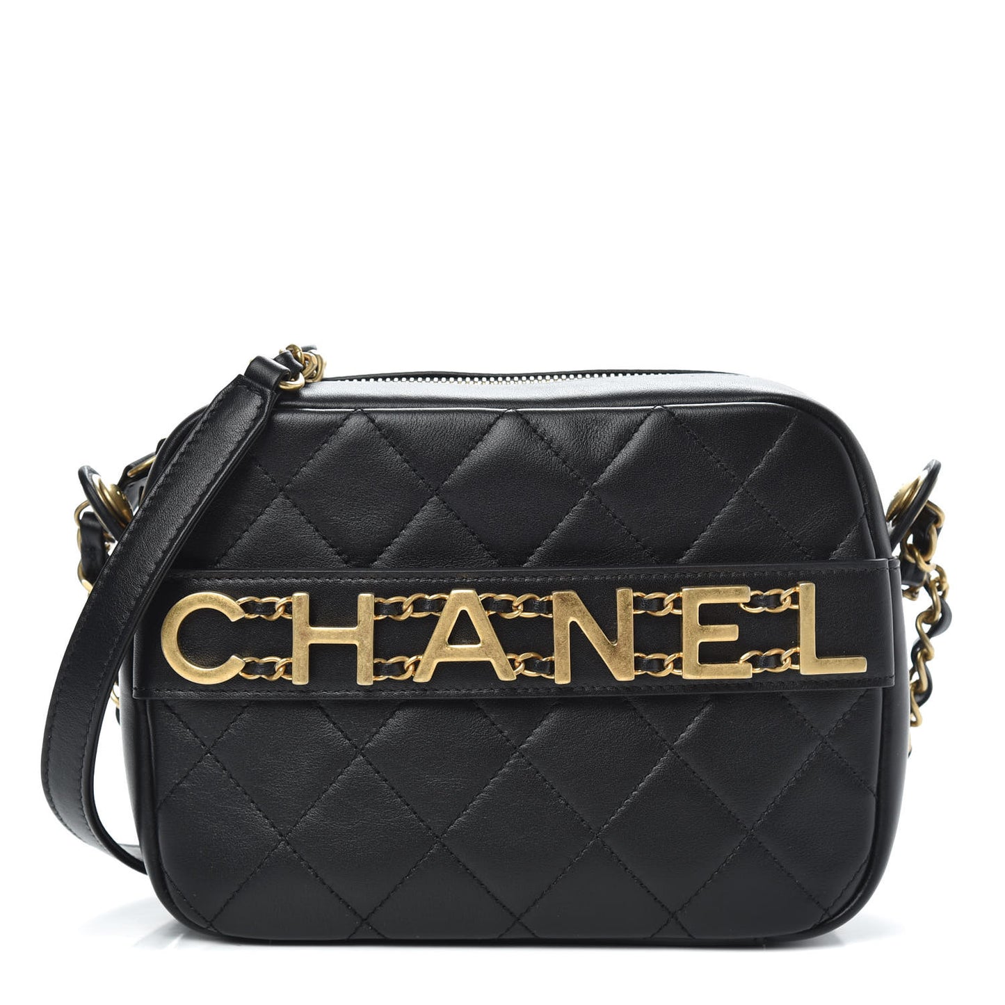 Calfskin Quilted Enchained Camera Case Bag Black